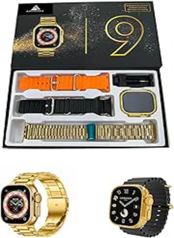 ADHOMAX New X8 Ultra Max golden edition Smart Watch 49MM HD Display, Elegant Design, 3 straps, Lock, Screw, Fitness Tracker, Heart Rate, Calls, Wireless Charging, Camera, Weather | IOS, android